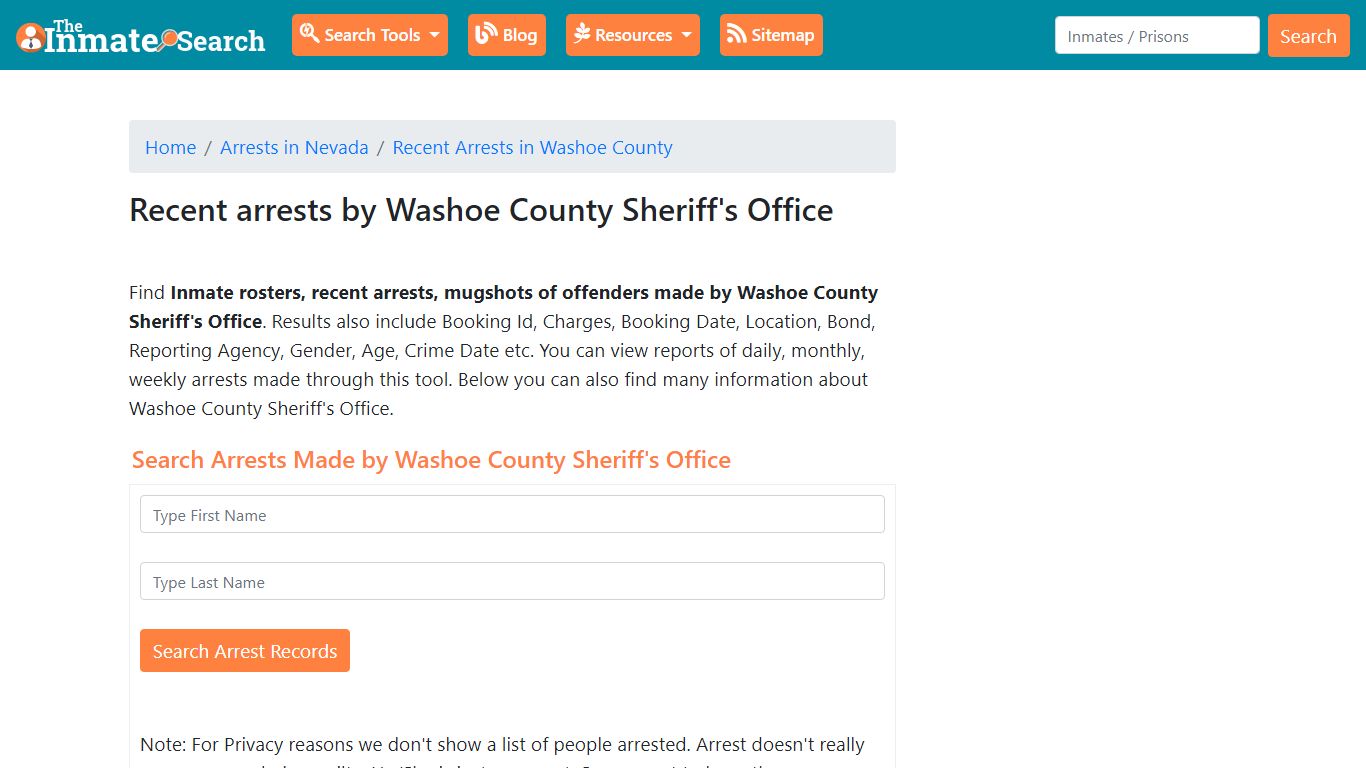 Recent arrests by Washoe County Sheriff's Office